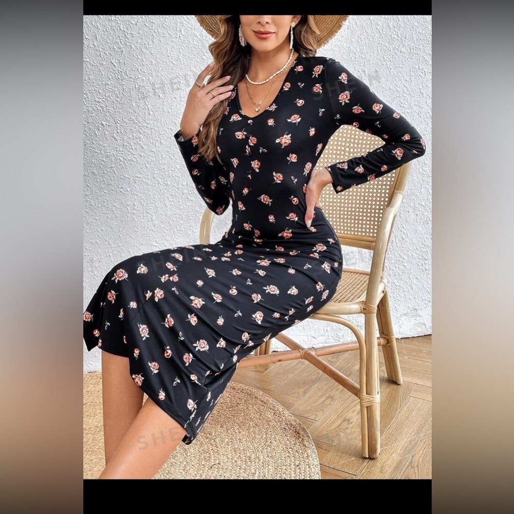 SHEIN VCAY Allover Floral Print Split Thigh Bodycon Dress size S new with tag - Picture 2 of 15